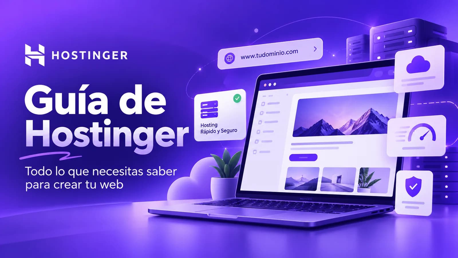 Guía de Hostinger: laptop con una página web, dominio y hosting rápido y seguro