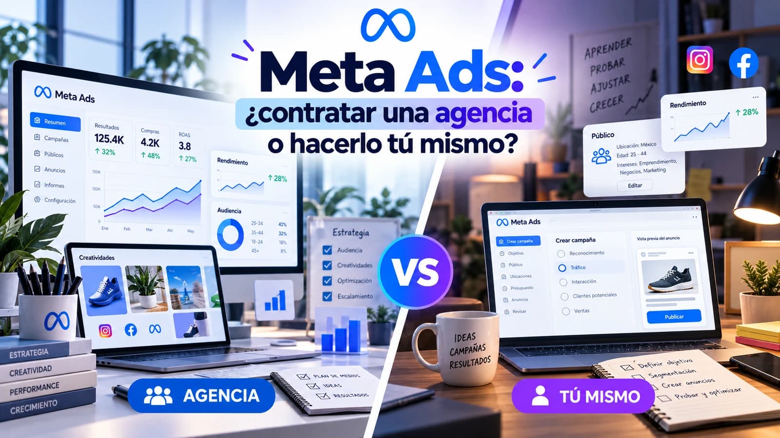 Computadora con gráficas de resultados de Meta Ads y los logos de Facebook e Instagram